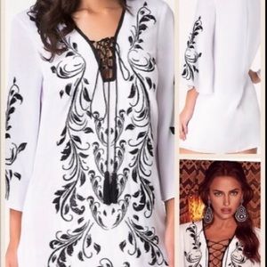 Bebe white embroidered lace up dress size xs